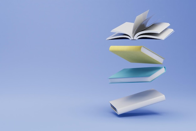 Foto lectura de libros educativos libros esparcidos sobre un fondo azul copiar pegar copiar espacio 3d render