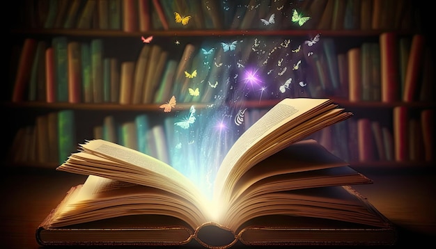 Foto lectura de libros para estudiar nuevas habilidades desarrollo de imaginación magia libro abierto con destellos