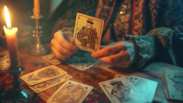 Lectura mística del tarot a la luz de las velas, adivinación en una habitación oscura, persona con una carta del tarot, ritual oculto con IA de estilo vintage.