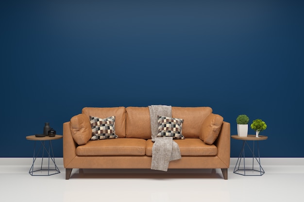 Leder Braunes Sofa tiefblaue Wand Wohnzimmer Interieur