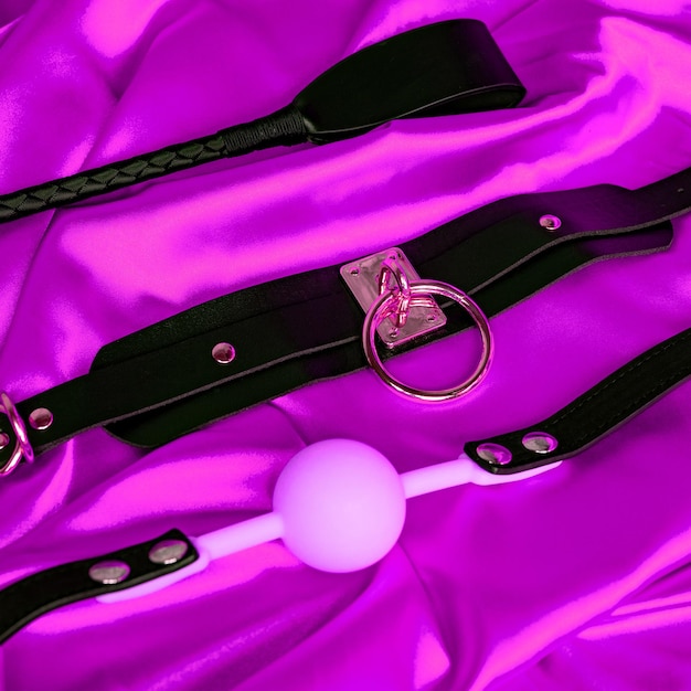 Lederhalsband rosa Knebelball und Peitsche auf einem lila Satinlaken