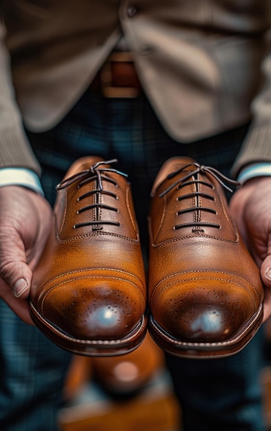 Foto lederschuhe in den händen eines mannes polieren