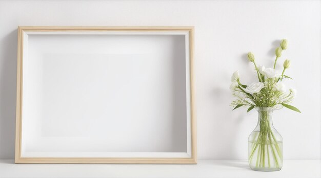 Leer Bildrahmen-Mockup auf weißer Wand Blumenrand Generative KI