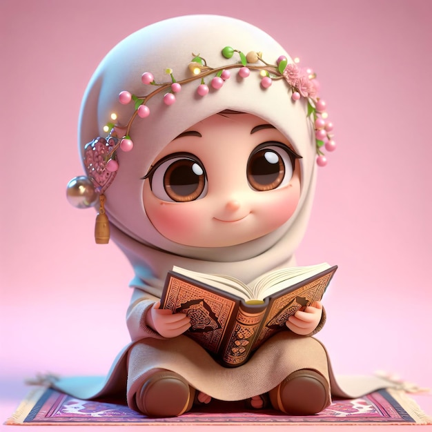 Leer el Corán Un personaje 3D alegre con vestimenta islámica