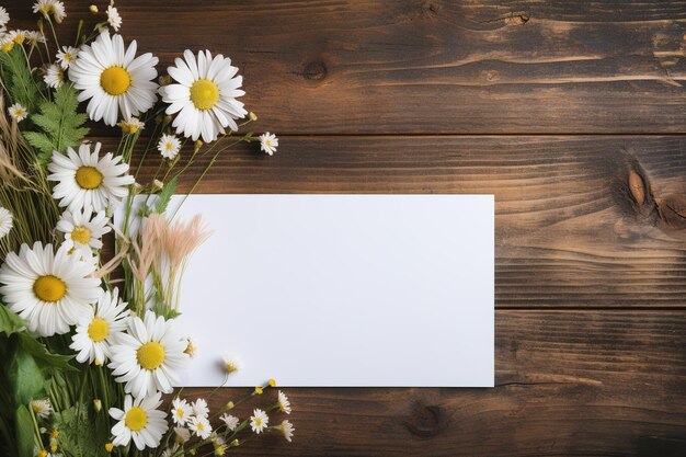 Foto leer karte-mockup auf rustikalem holz-hintergrund umgeben von gänseblümchen blumen vorlage weißes blatt papier für das design