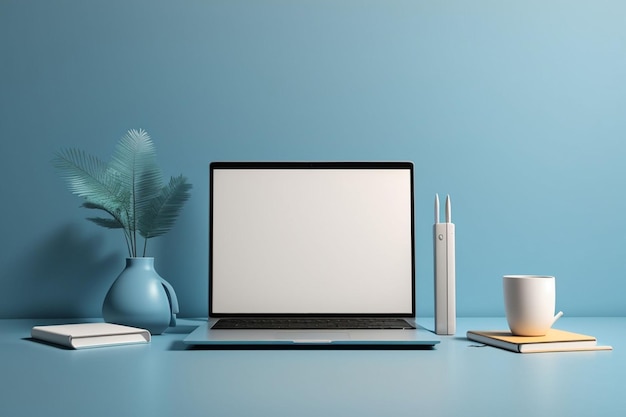 Leer Laptop-Mockup mit blauem Hintergrund und dekorativen Elementen KI generiert