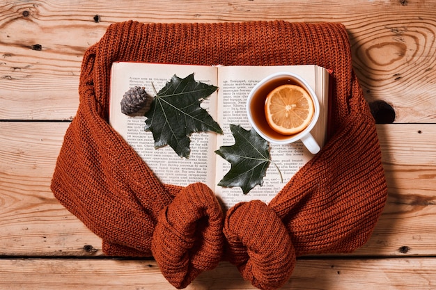 Leer un libro en un acogedor día de otoño fría mañana de otoño con una taza de café y un libro otoño semana de otoño ...