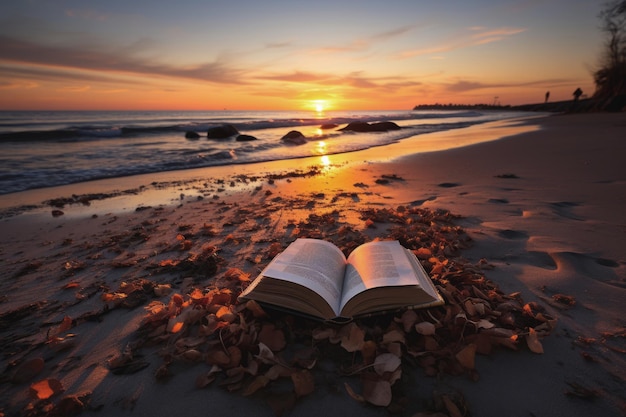 Leer un libro al atardecer en la playa