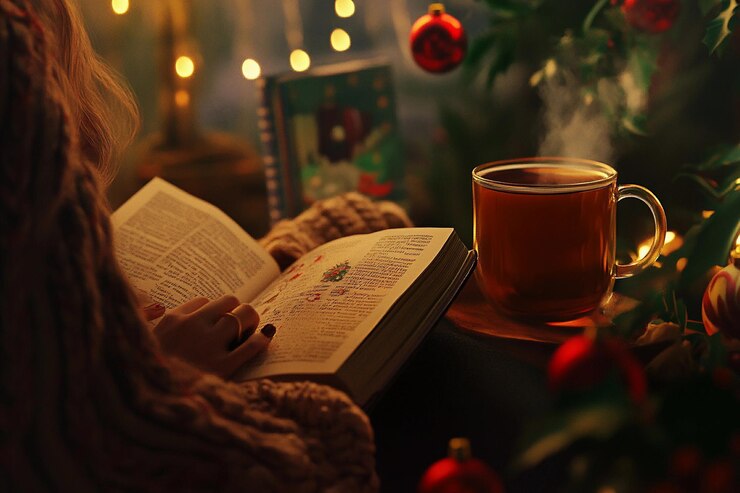 Leer un libro con una taza de té junto a un árbol de Navidad decorado por la noche IA generativa