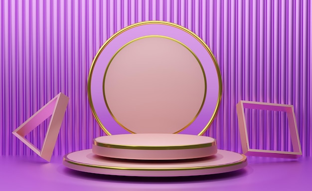 Leer Podium mit geometrischen Formen in lila oder violettfarbener Zusammensetzung für moderne Bühnenvorstellung und minimalistisches Mockup abstraktes Schaufensterhintergrund Konzept 3D-Illustration oder 3D-Rendering