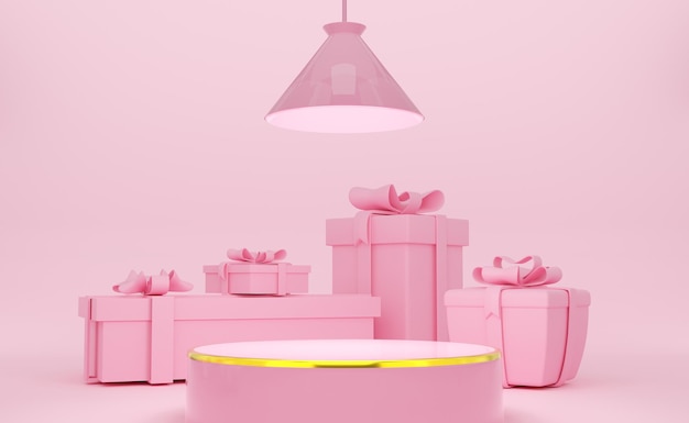 Leer Podium mit geometrischen Formen in rosa Pastellkomposition für moderne Bühnenvorstellung und minimalistisches Mockup abstraktes Vorstellungshintergrund Konzept 3D-Illustration oder 3D-Rendering