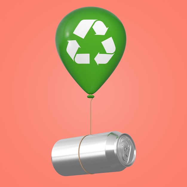 Leere Aluminiumdose schwimmt mit grünem Hellium-Ballon mit Recycling-Zeichen auf rosafarbenem Hintergrund. 3D-Rendering