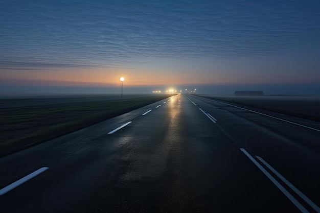 Leere Asphaltstraße durch die nebligen Felder bei Sonnenaufgang Blick von oben Panoramablick auf die leere Autobahn durch die Felder in Nebel bei Nacht Mondlicht klarer Himmel Sonnenaufgang KI generiert