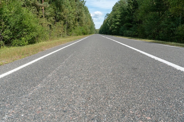 Leere Asphaltstraße durch Wälder und Felder Neue, frische Asphaltdecke abseits der Stadt Entwicklung der ländlichen Infrastruktur Straßenmarkierungslinien aus nächster Nähe