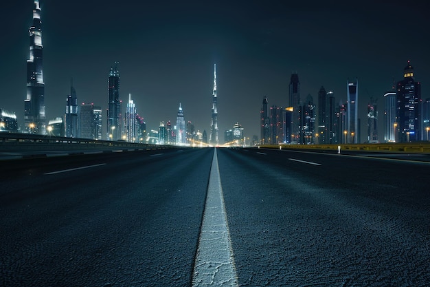 Leere Asphaltstraße und moderne Skyline in der Nacht