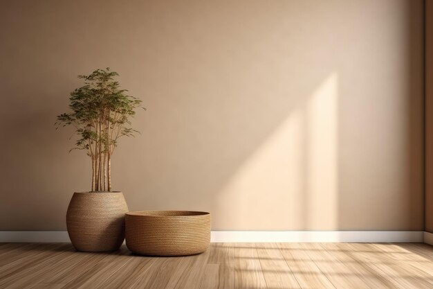 Leere beige-braune Wand im Haus mit trockener Pflanze