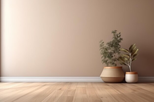 Leere beige-braune Wand im Haus mit trockener Pflanze