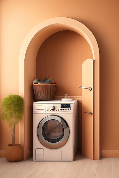 Leere beige-braune Wand mit Bogentür zur Waschküche, moderne Design-Küche mit Zähler.