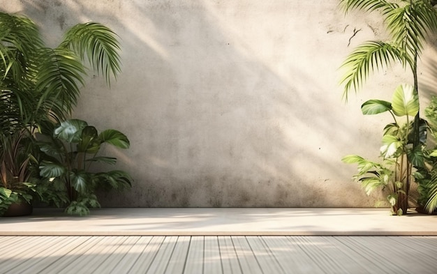Leere Betonaußenwand mit Garten im tropischen Stil, 3D-Rendering, dekoriert mit Baum im tropischen Stil