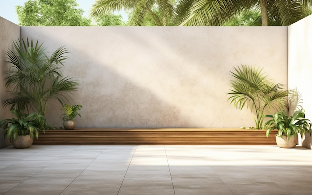 Leere Betonaußenwand mit Garten im tropischen Stil, 3D-Rendering, dekoriert mit Baum im tropischen Stil