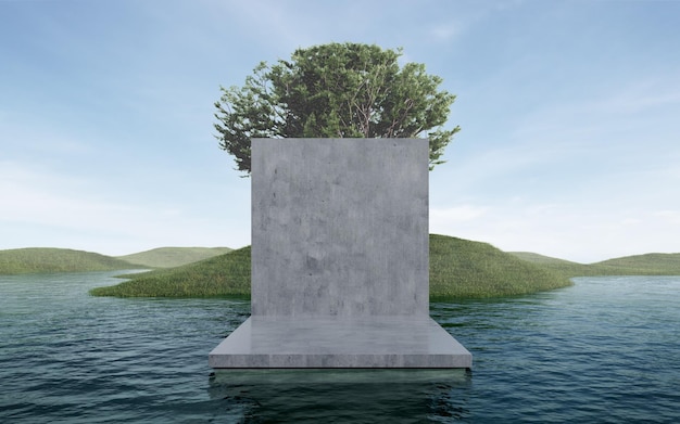 Leere Betonwand am Seebecken 3D-Rendering des abstrakten Außenraums mit Landschaftshintergrund