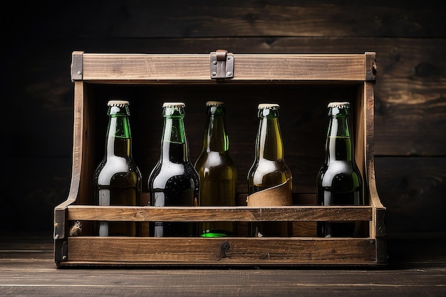 Foto leere bierflaschen in einer holzkiste auf schwarzem hintergrund im vintage-stil