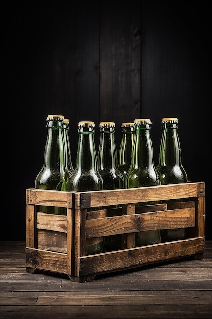 Foto leere bierflaschen in einer holzkiste auf schwarzem hintergrund im vintage-stil