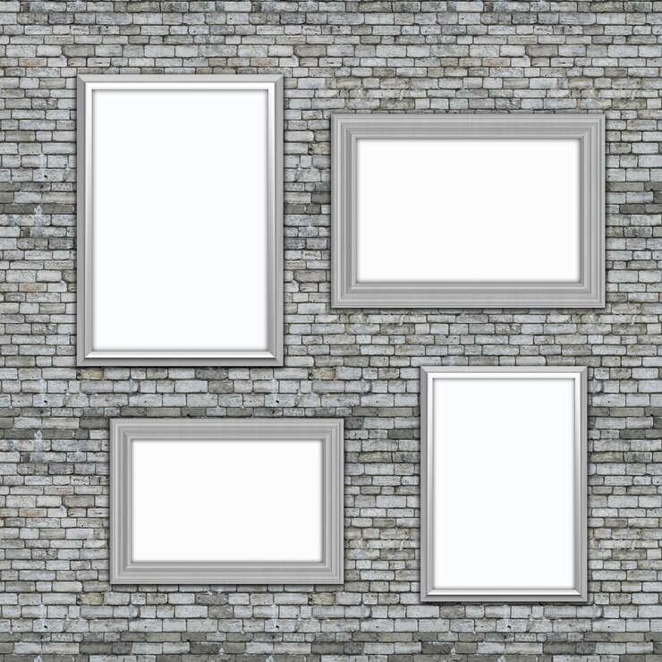 Foto leere bilderrahmen 3d, die an einer alten backsteinmauer hängen