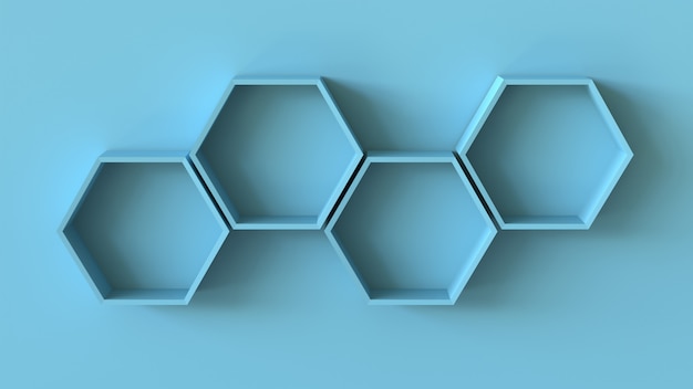 Leere blaue Hexagonregale auf Hintergrund der leeren Wand