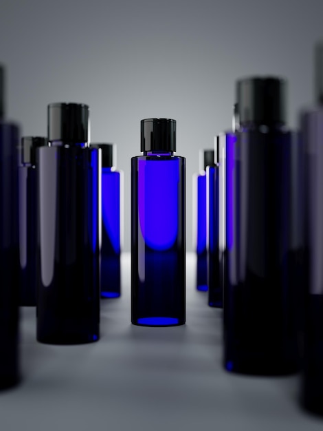 Leere blaue Plastikflasche 3D-Rendergruppe von Kosmetikbehältern