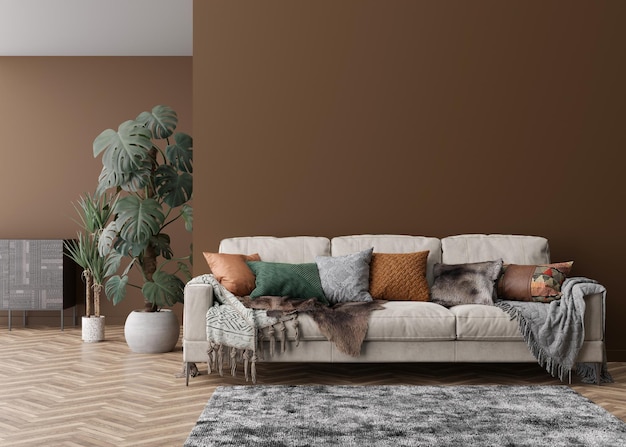 Leere braune Wand im modernen Wohnzimmer Mock-up-Interieur im zeitgenössischen Stil Freier Kopierplatz für Bildplakattext oder ein anderes Design Sofa-Sideboard-Teppichpflanzen 3D-Rendering