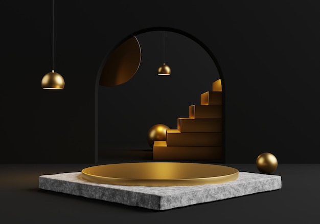 Leere Bühne, beleuchtet durch Hanging Golden Spot Light Goldene Treppe und goldenes Podium