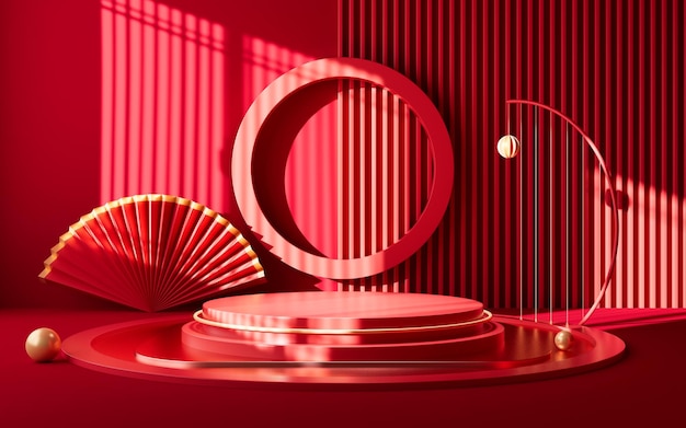 Leere Bühne im chinesischen Stil mit geometrischer Innenarchitektur 3D-Rendering