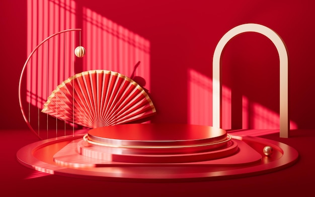 Leere Bühne im chinesischen Stil mit geometrischer Innenarchitektur 3D-Rendering
