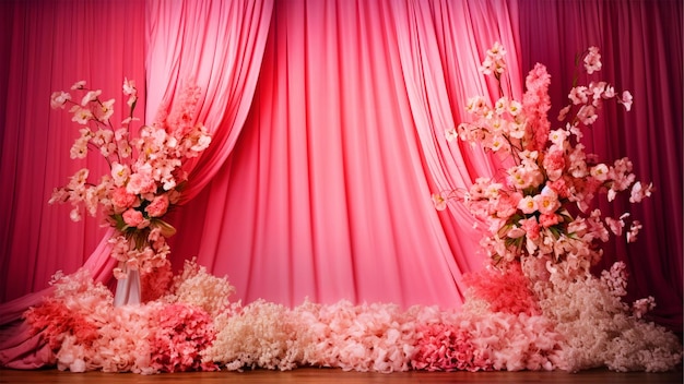 Leere Bühne mit rosa Vorhängen und Blumenarrangements