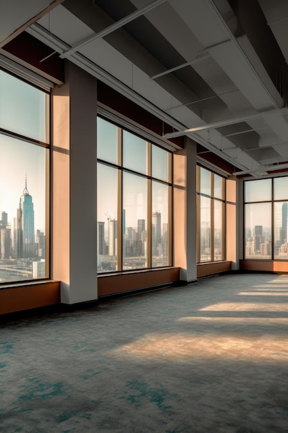Leere Büroflächen mit großen Fenstern und Blick auf die Stadt, die mit generativer AI erstellt wurden