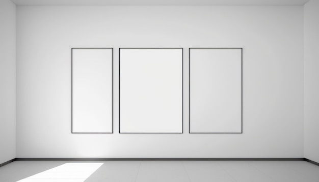 Leere drei weißschwarze Rahmen an einer weißen Wand im Raum Mockup