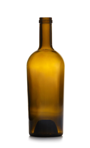 Leere dunkle Glasweinflasche isoliert auf weißem Hintergrund, Glasgeschirr, Trinkgeschirr