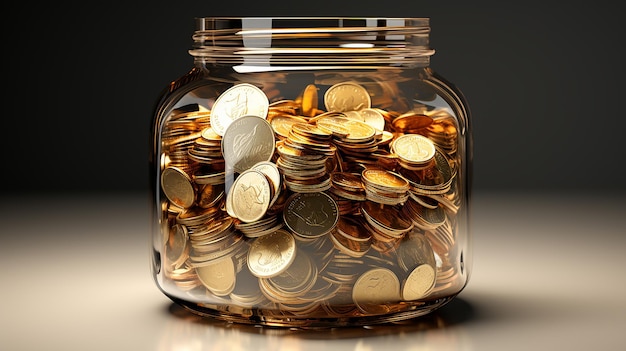 Foto leere, durchsichtige sparbüchse und voller goldmünzen und banknoten mit etiketten-pensionsfonds-vektorglas