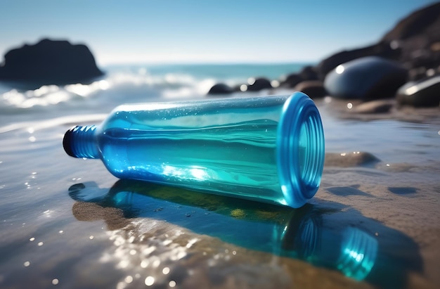 Leere Flasche am Strand Generative KI
