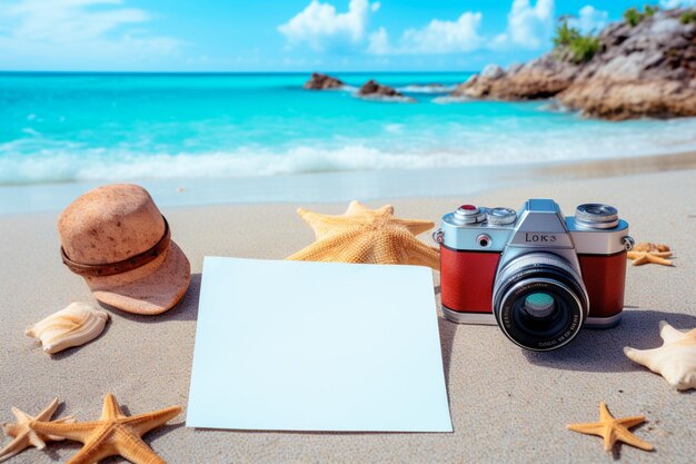 Foto leere fotopapierkamera und strandszene laden zum festhalten von sommererinnerungen ein