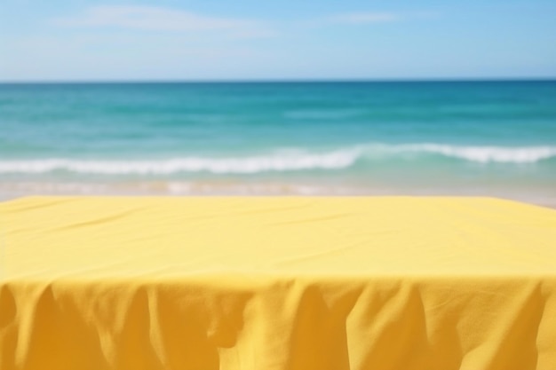 leere gelbe Tischtuch auf dem Tisch am Strand