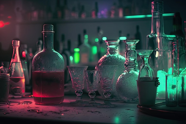 Leere Gläser und Flaschen an der Bar im Clubraum nach der Party