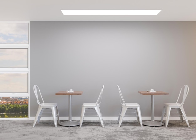 Leere graue Wand im modernen Café Mock-up-Restaurant-Interieur im zeitgenössischen Stil Freier Kopierplatz für Ihr Werbebanner, Kunstwerk, Bildtext oder anderes Design Leerer Raum 3D-Rendering