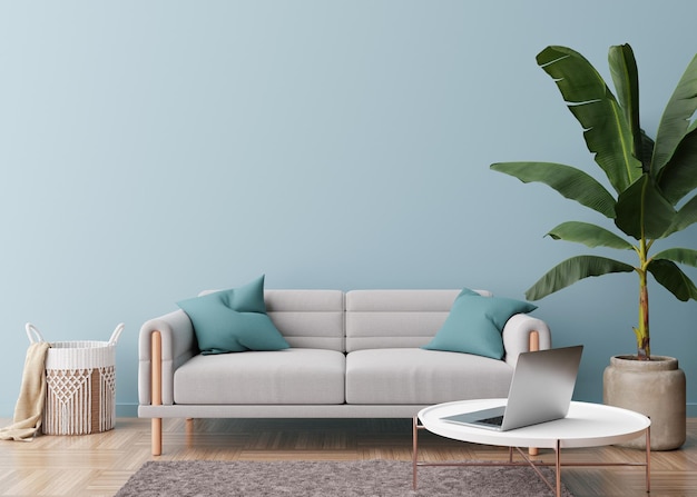 Leere hellblaue Wand im modernen Wohnzimmer Mock-up-Interieur im zeitgenössischen skandinavischen Stil Freier Kopierplatz für Bildpostertext oder ein anderes Design Sofa Pflanzentisch 3D-Rendering