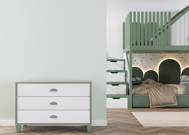 Leere hellgrüne Wand im modernen Kinderzimmer Mock-up-Interieur im skandinavischen Stil Kopieren Sie Platz für Ihr Bild oder Poster Bett Sideboard Gemütliches Zimmer für Kinder 3D-Rendering