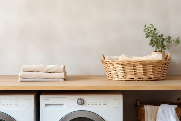 Leere hölzerne Arbeitsplatte über der Waschmaschine im Hauswaschraum