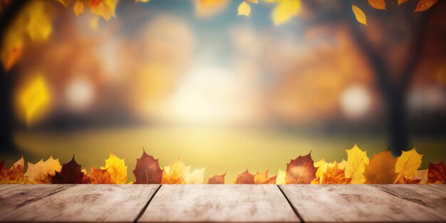 Leere hölzerne Tischplatte auf einem abstrakten Herbst verschwommenen Natur Hintergrund mit farbenfrohen gefallenen Blättern