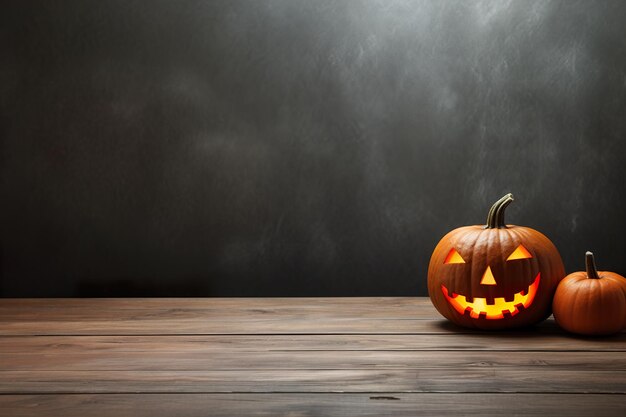 Leere hölzerne Tischplatte mit Halloween-Kürbis Jack O'Lantern Kopieren Sie Platz für Ihre Objekt-Produktpräsentation Anzeigen von Werbewerbung Leere Szene Happy Halloween Generative KI