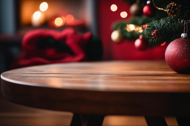 Foto leere hölzerne tischplatte mit wohnzimmerdekoration blur weihnachtshintergrund